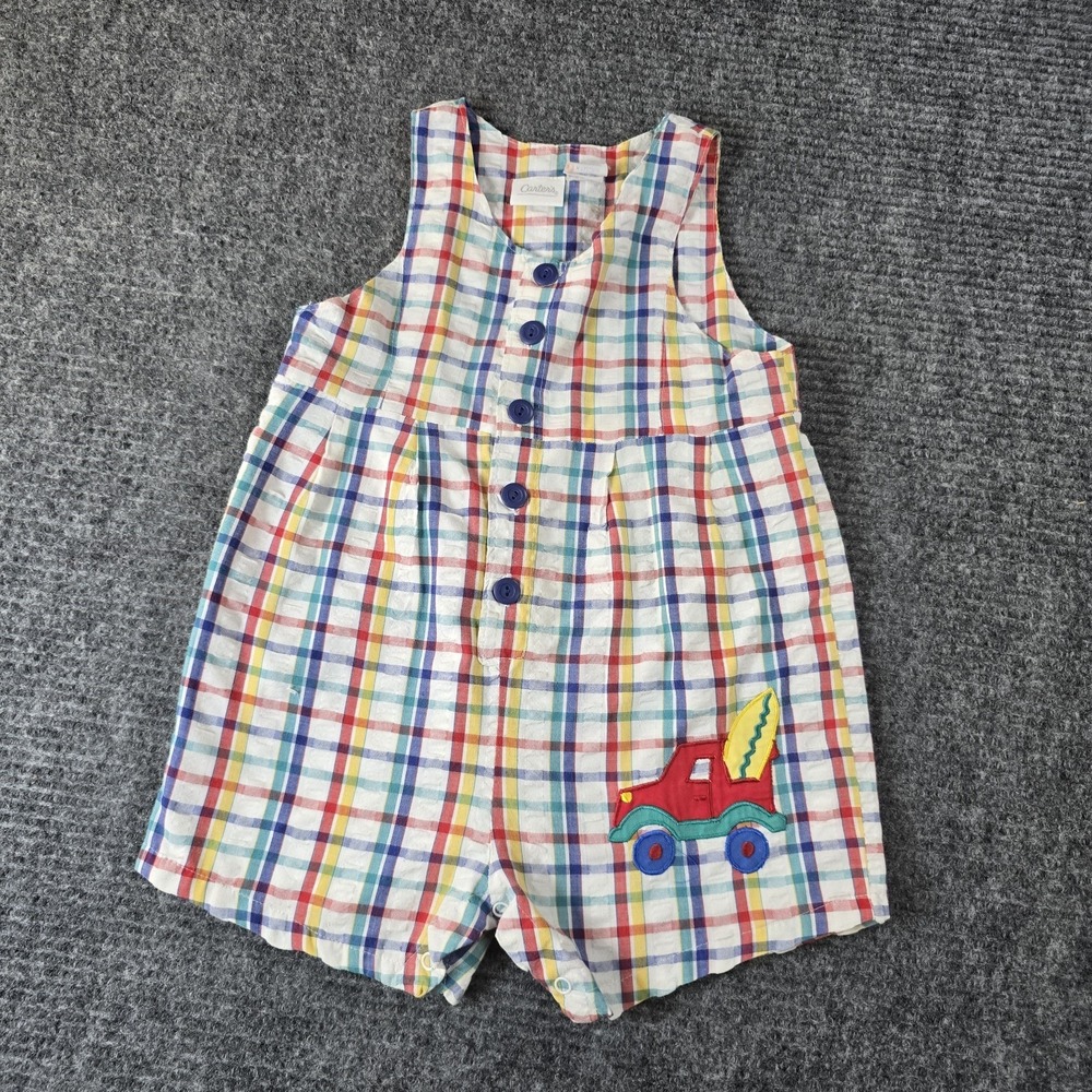 Vintage Carter's 3T Plaid Romper Surfboard Truck Applique Seersucker Boys